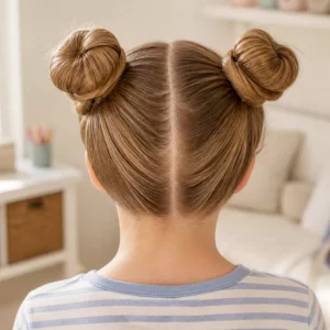Hochsteckfrisur für Mädchen: zwei Space Buns von hinten