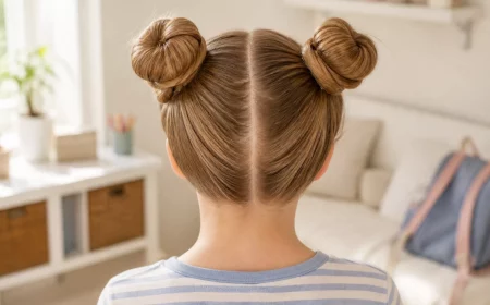 Hochsteckfrisur für Mädchen: zwei Space Buns von hinten