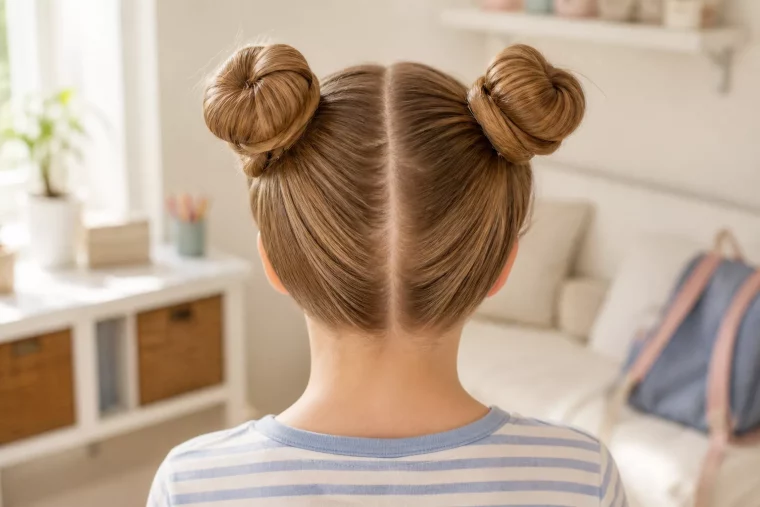 Hochsteckfrisur für Mädchen: zwei Space Buns von hinten