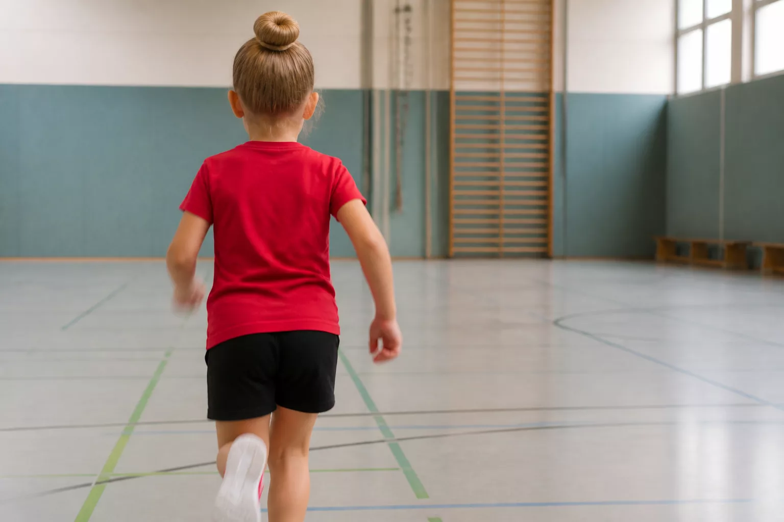 Hochsteckfrisur hält beim Sportunterricht in der Turnhalle