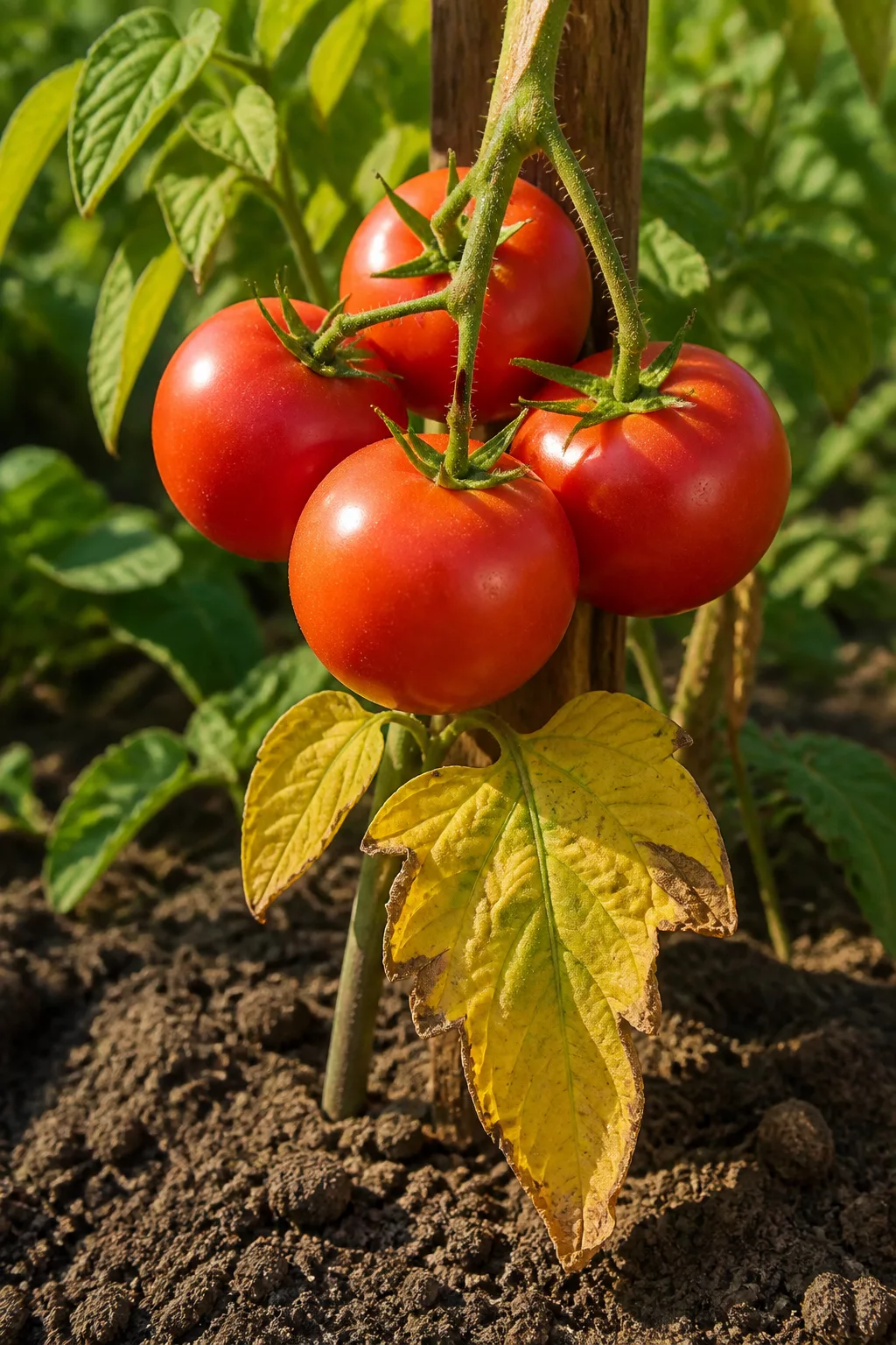 Reife rote Tomaten wachsen trotz vergilbter Blätter am Strauch