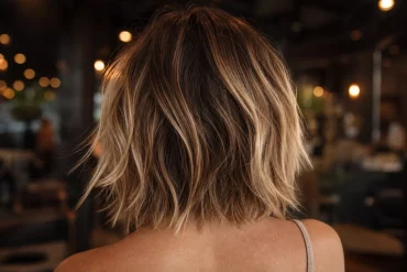 Balayage-Farbverlauf mit Face-Frame-Highlights an gestuften Längen von hinten