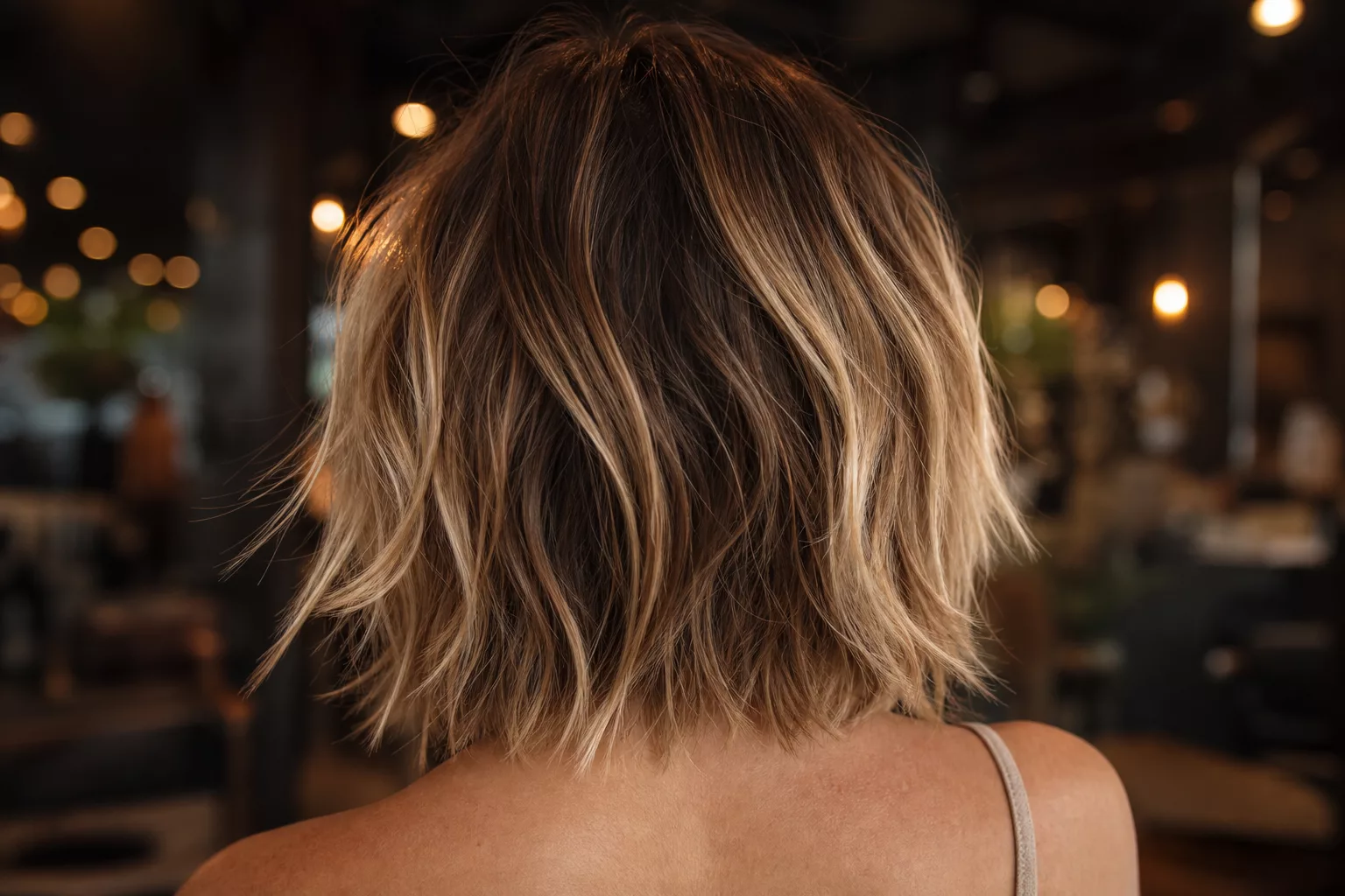 Balayage-Farbverlauf mit Face-Frame-Highlights an gestuften Längen von hinten