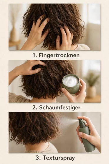 Grafik mit drei Styling-Schritten: Fingertrocknen, Schaumfestiger, Texturspray auftragen