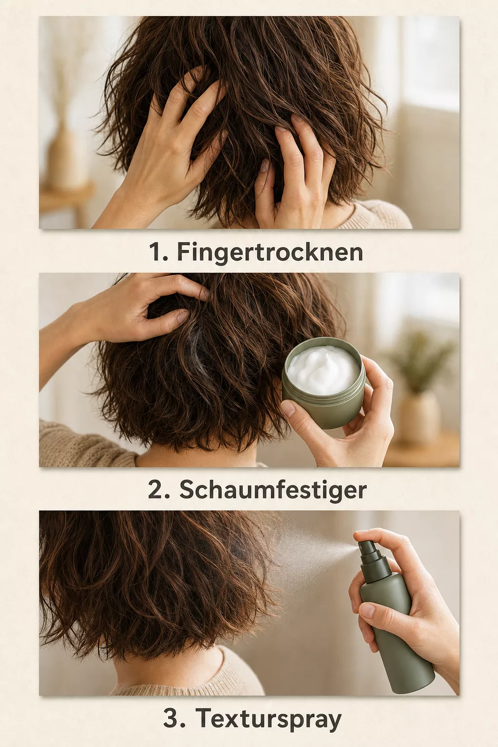 Grafik mit drei Styling-Schritten: Fingertrocknen, Schaumfestiger, Texturspray auftragen