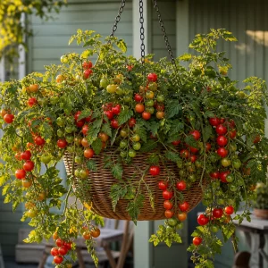 Tomaten hängend anbauen in praller Blumenampel auf sonnigem Balkon