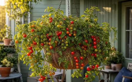 Tomaten hängend anbauen in praller Blumenampel auf sonnigem Balkon