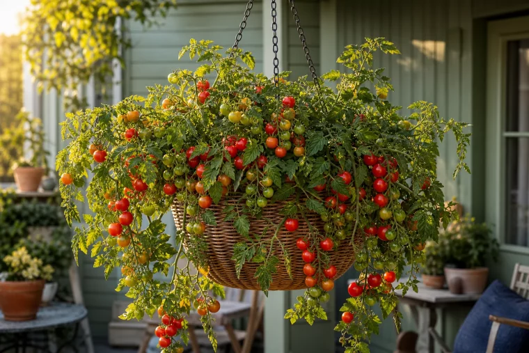 Tomaten hängend anbauen in praller Blumenampel auf sonnigem Balkon
