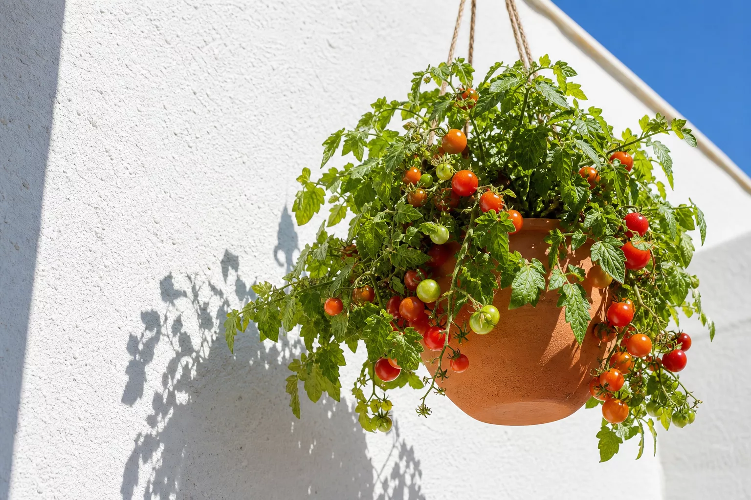 Tomatenampel hängt in voller Sonne an einer Südwand