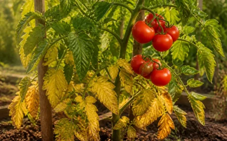 Tomatenpflanze mit gelben unteren Blättern und reifenden roten Früchten
