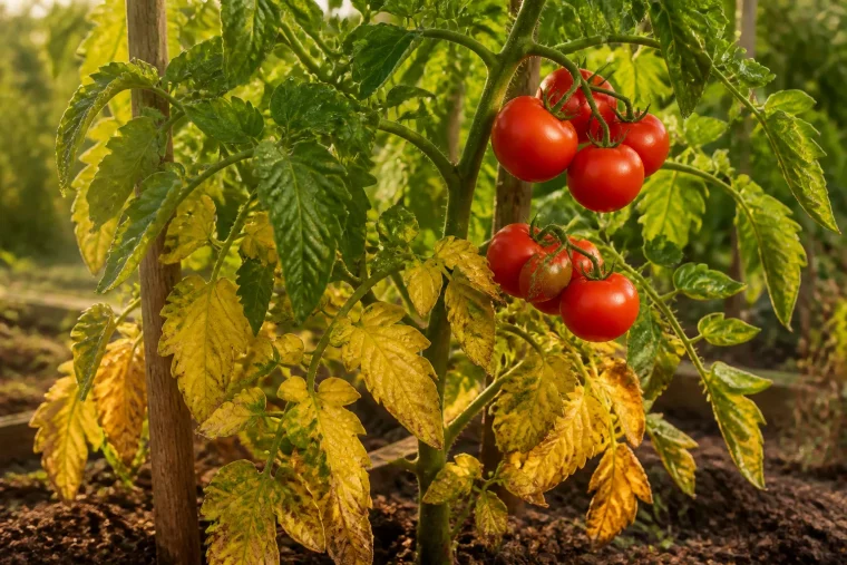 Tomatenpflanze mit gelben unteren Blättern und reifenden roten Früchten