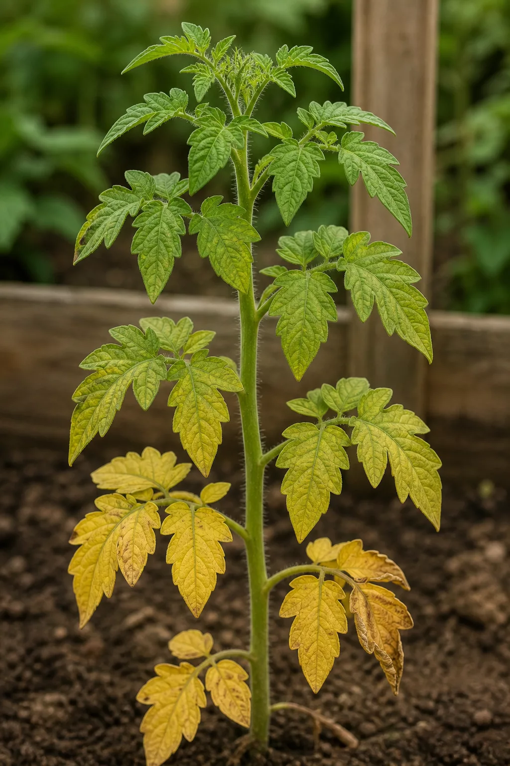 Tomatenzweig zeigt gelbe untere Blätter und grüne obere Triebspitze